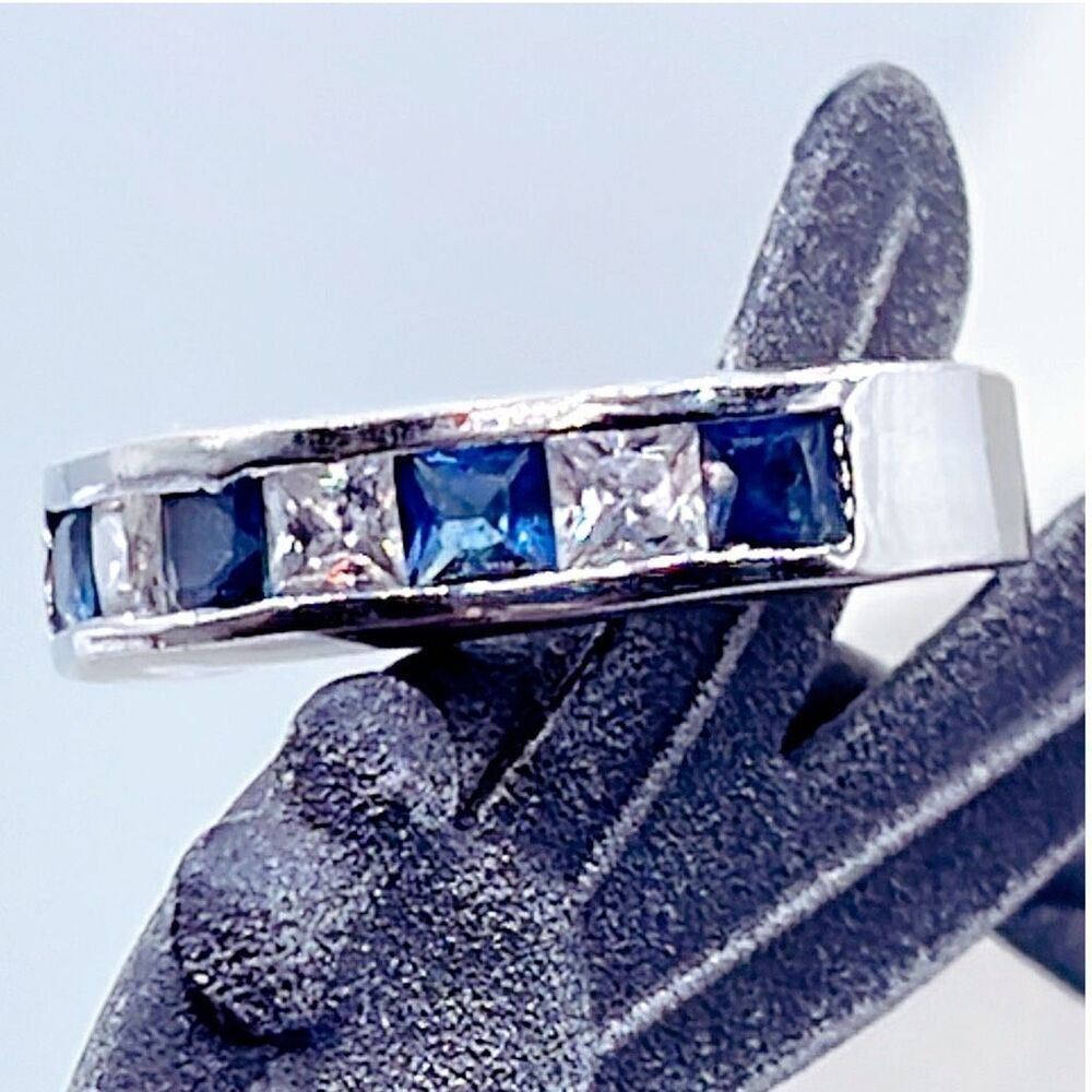 Blue Sapphire and rhinestone silver plated ring size 6:25